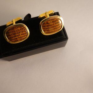 Vintage Cufflinks Gold Tone with Leather Retro Mid Century